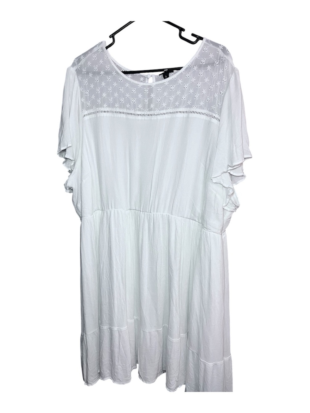 Women's White Eyelet Yoke Flutter Sleeve Tunic